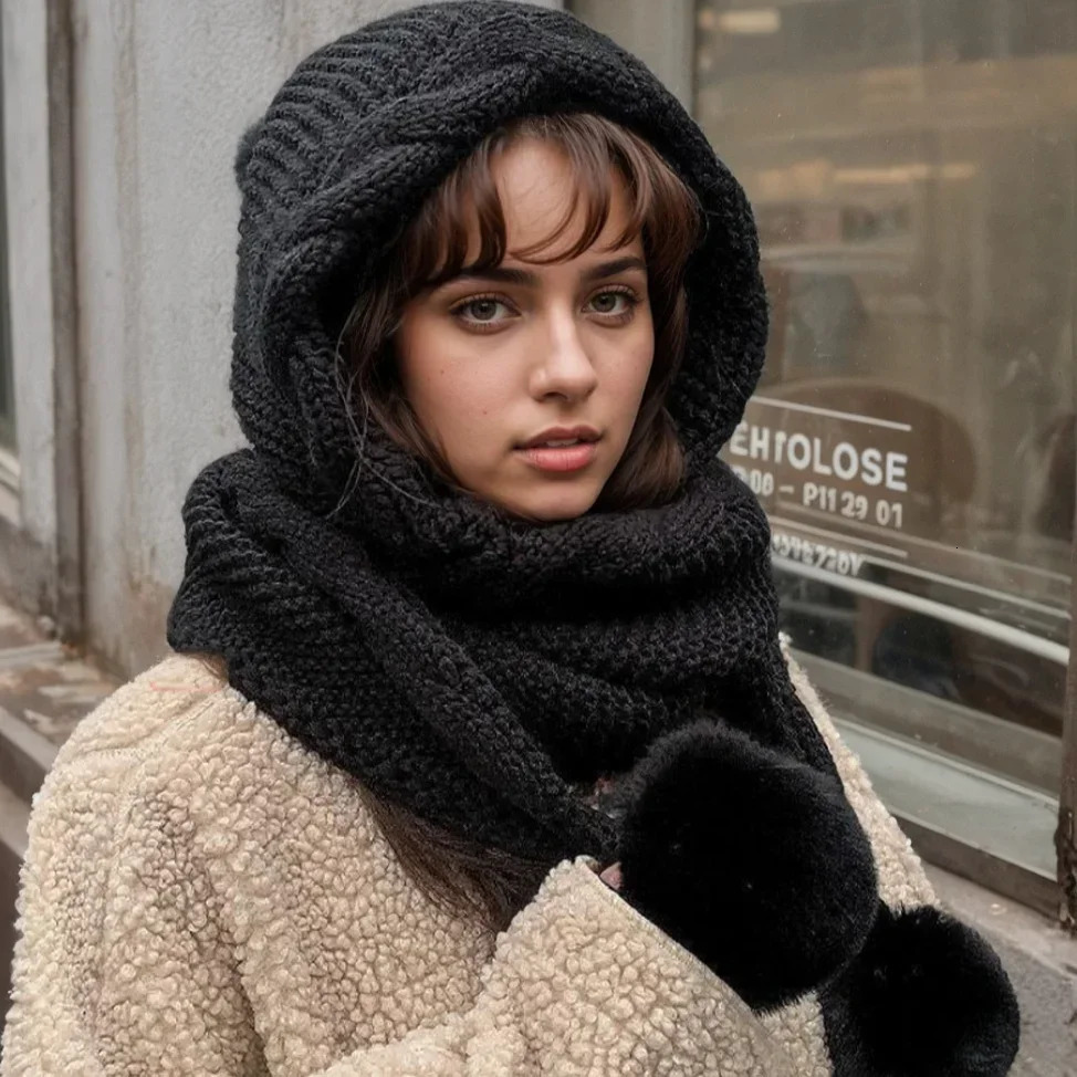 Womens Winter Hat Scarf Set Thermal Wool Pom BeanieBalaclava for Extreme Cold versatile hat with attached scarf knitted hat 251029