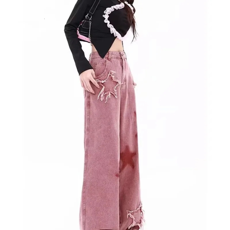 Spring Autumn Women Pants Retro Jeans Fivepoint Star Raw Edge Splicing Loose Wideleg Jeans Trendy Allmatch Mopping Pants 251029