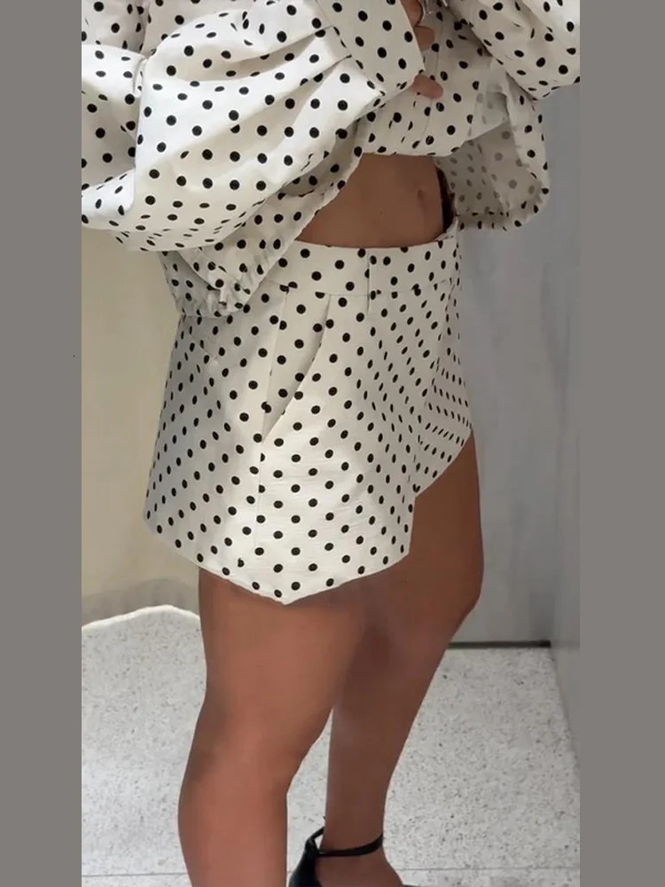 Polka Dot Print Shorts Loose High Neck Long Sleeves Zipper Drawstring Sets Female Autumn Chic Set 251029