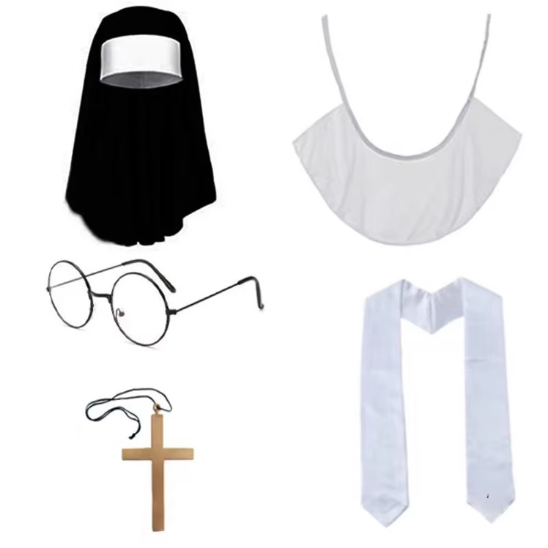 Five nun costume accessories: including a headscarf, collar, glasses, cross necklace, and a scarf prop combination for festival character costumes
