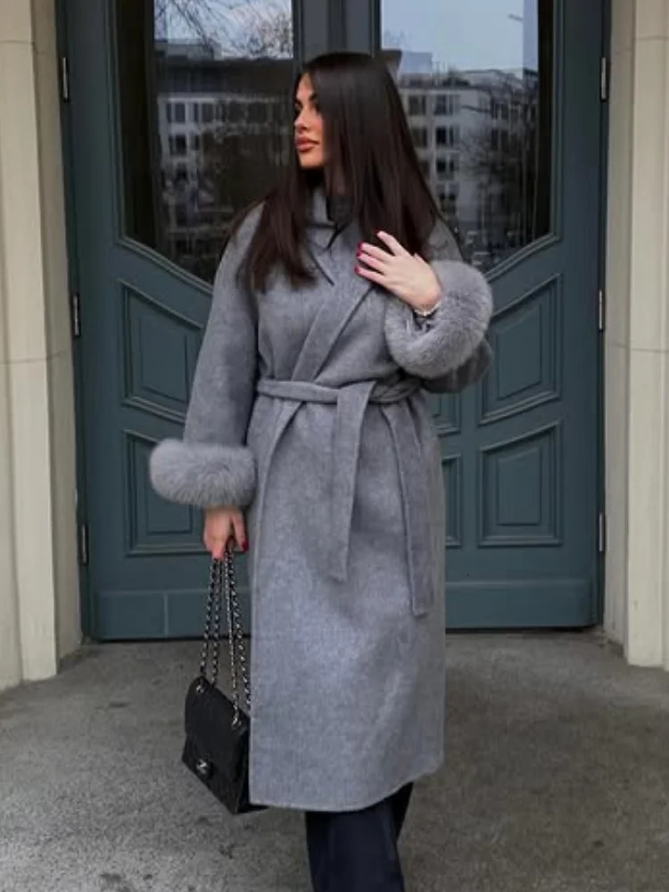 Elegant Faux Fur Sleeve Women Woolen Jacket With Belt Fashion Office Lady Outerwear Winter Lace Up Long Coats High Street 251028
