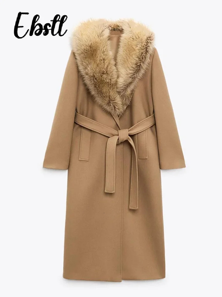 Elegant Fur Lapel Maxi Coats Women Lace Up Full Sleeve Pocket Wool Long Overcoats 2025 Winter Lady Solid High Street Outwear 251029
