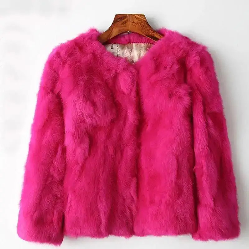 2025 Womens Real Rabbit Fur Coat Highwaist Round Collar Cardigan Longsleeved Slim Fit Rabbit Jacket Women Fashion Coat 251029