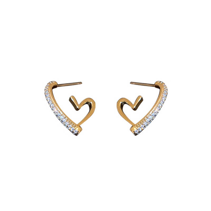 Real Gold Plated Sier Needle Micro Inlaid Zircon Heart Korean Simple Design Sense Stud Fashionable Elegant Earrings for Women