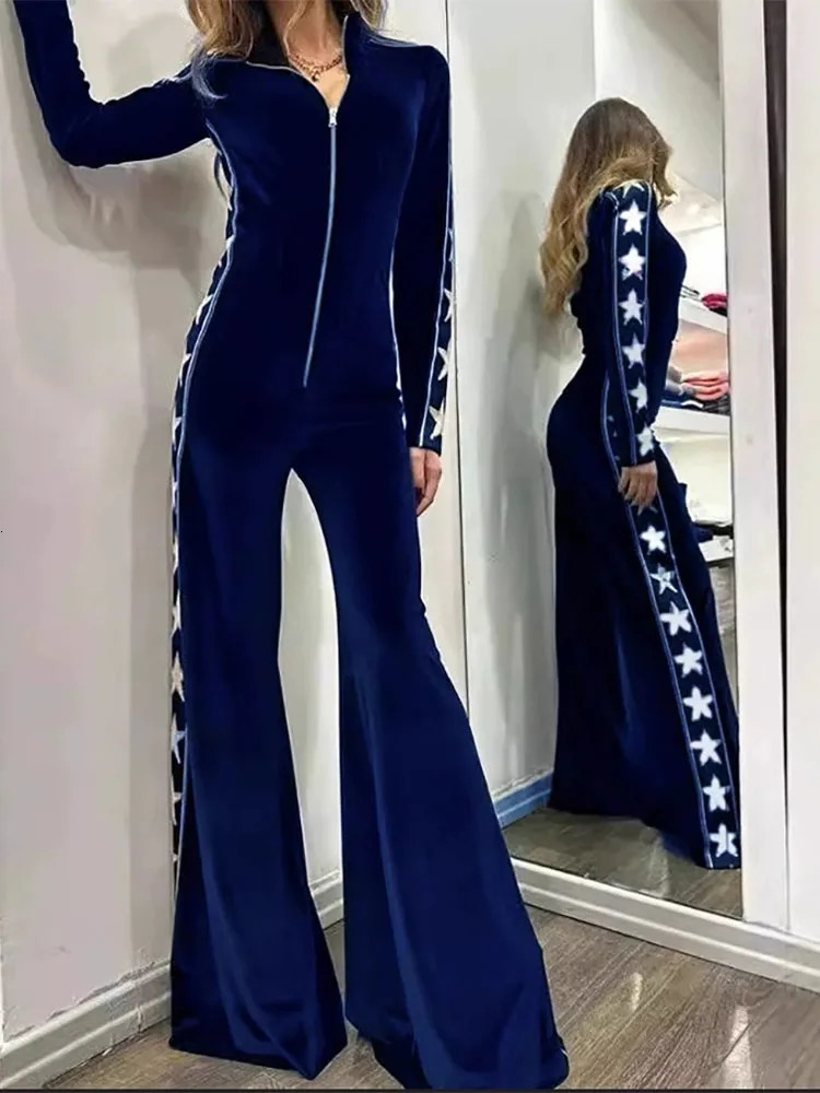 Spring Elegant Print Splicing Playsuits Autumn Fashion Lapel Vneck Velvet Jumpsuit Womens Casual Long Sleeve Slim Romper 251028