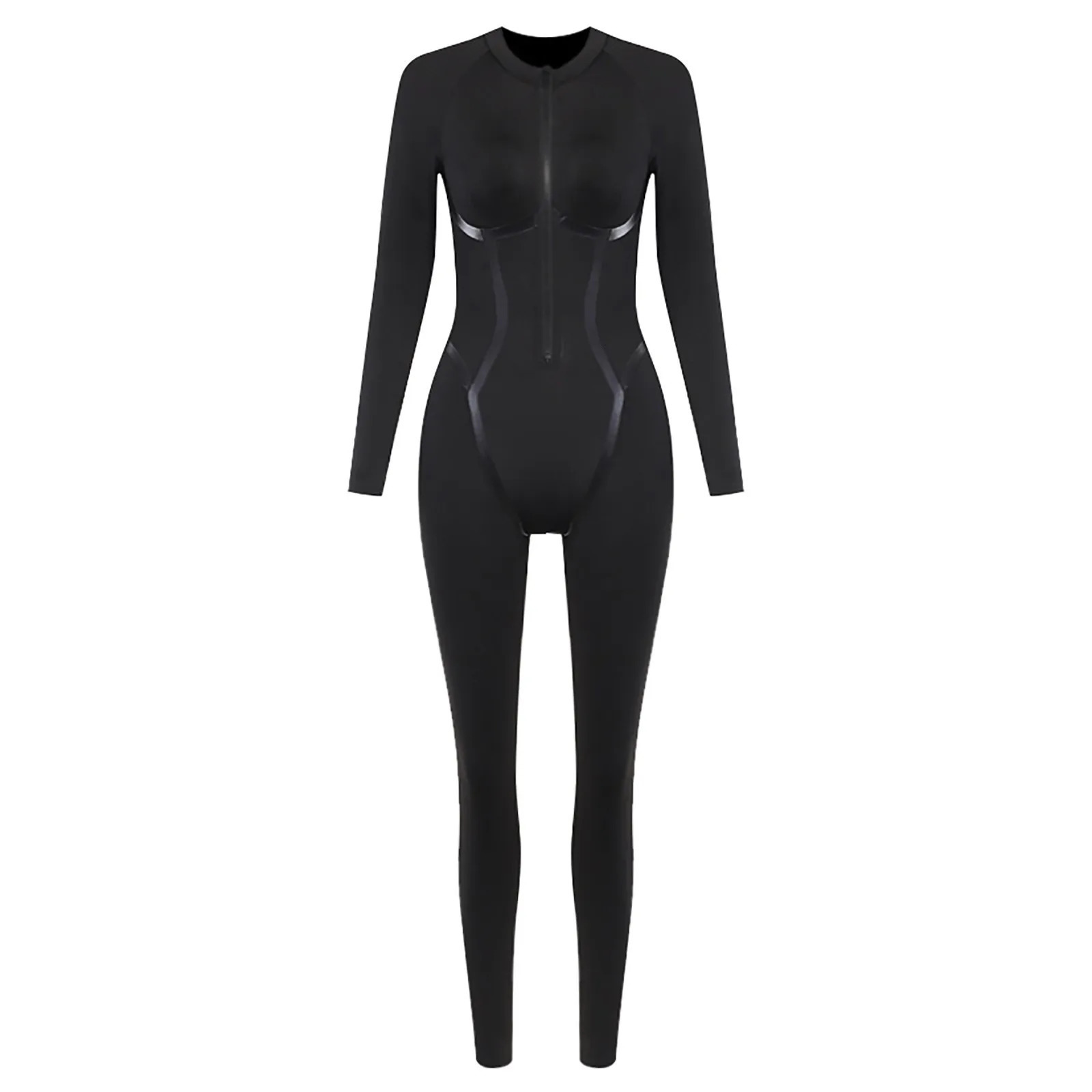 Sexy Skinny Black Jumpsuit Women Overalls ONeck Full Sleeve Zipper Up Sporty Jumpsuits Yoga Rompers Streetwear Playsuit 251027