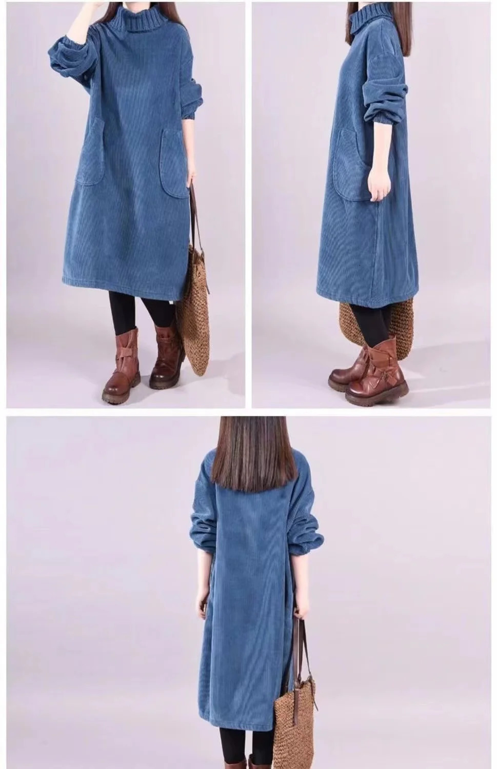 Women Autumn Winter Dress Retro Corduroy Vestidos Add Velvet High Neck Dress MidLength Loose Pullover Sweater Female 251029