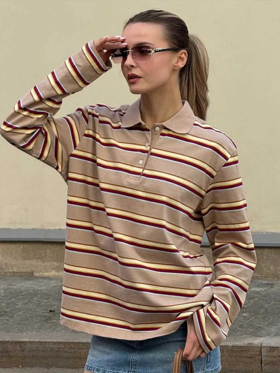 2025 Spring New Womens Striped Colorblock Long Sleeve Polo ShirtComfortable Loose and Breathable Best Choice for Work Wear J251029