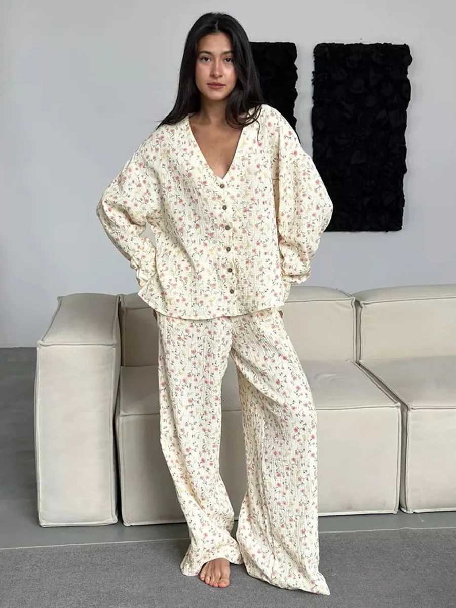 Muzuleva 100 Cotton Printed Cardigan Pajama Set Womens New Autumn Long Sleeved Pants Pajamas Loose Home Clothing 2piece SetT251029