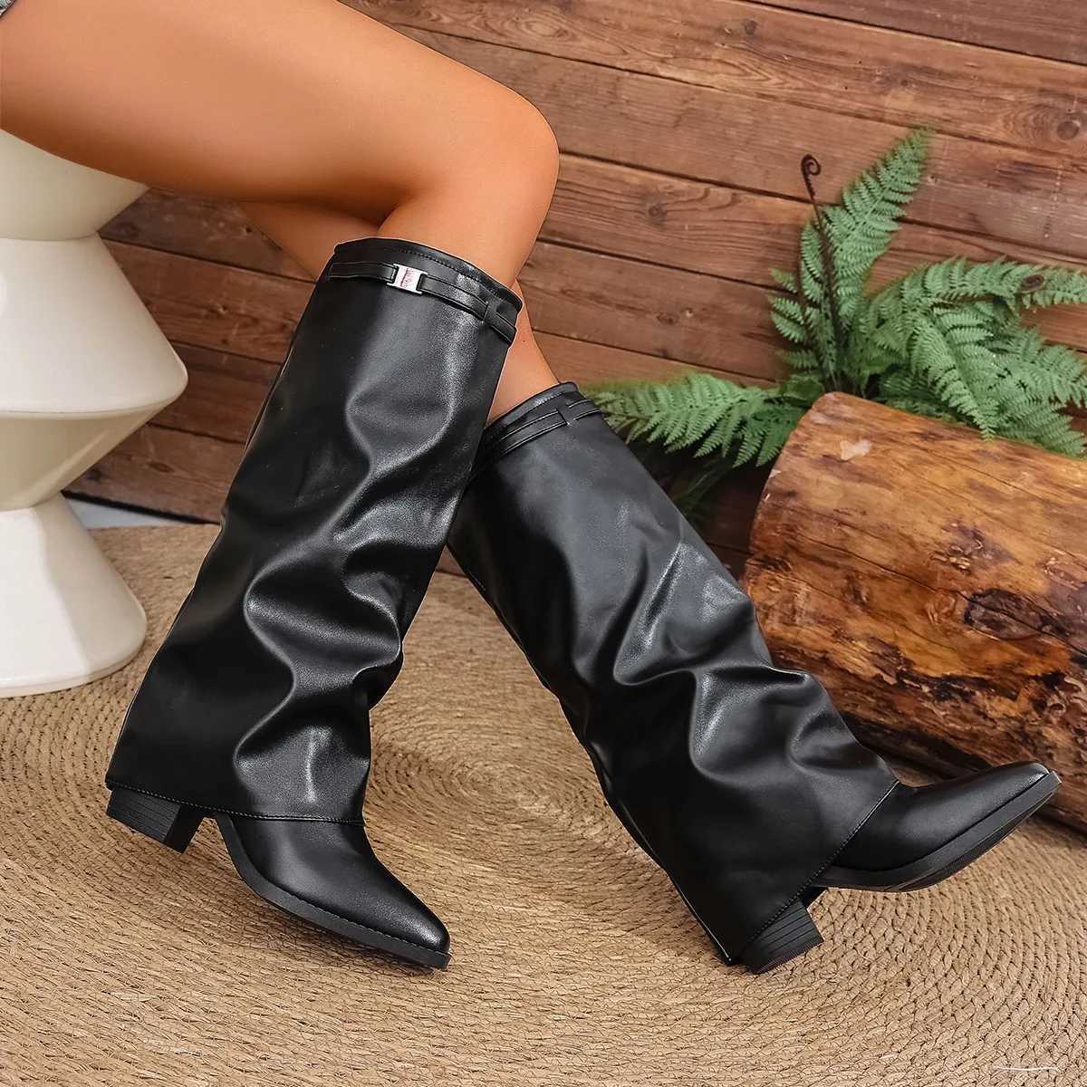 Womens Fashion Folding Kneehigh Boots Winter Solid Color Nonslip Thicksoled Wideleg PU Leather Fashion Boots Botas Mujer Z251029