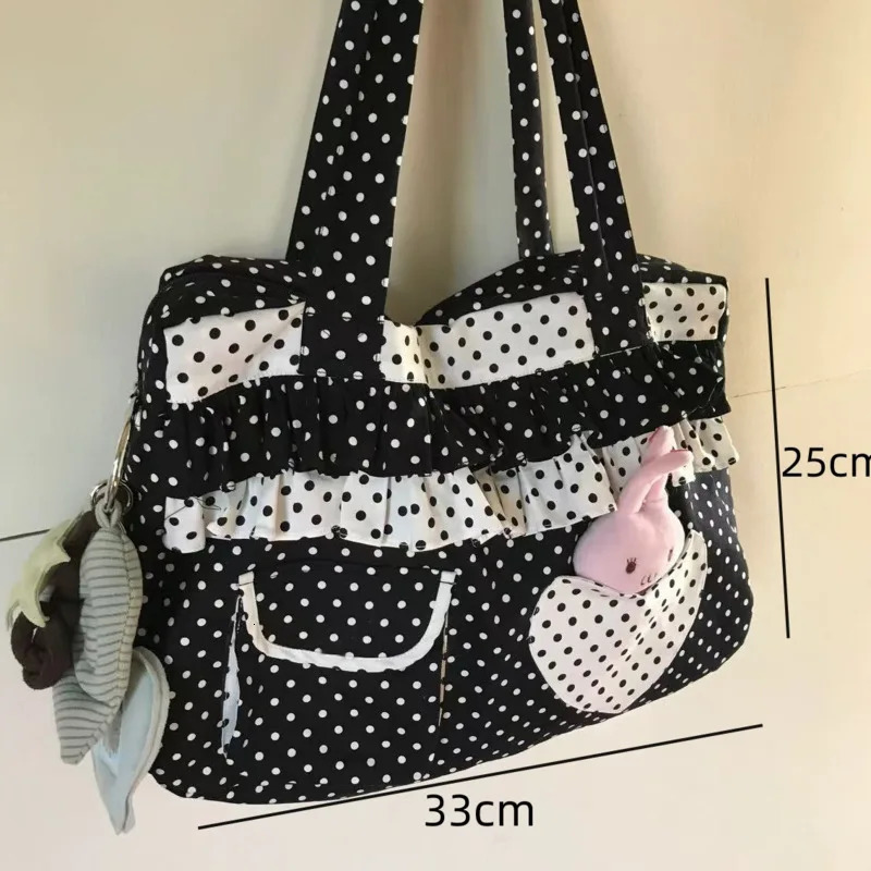 Dot Pattern Casual Shoulder Bag Ruched Sweet Large Capacity Tote Bags Heart Pocket Cute Handbag Commuting Bags For Women 251029