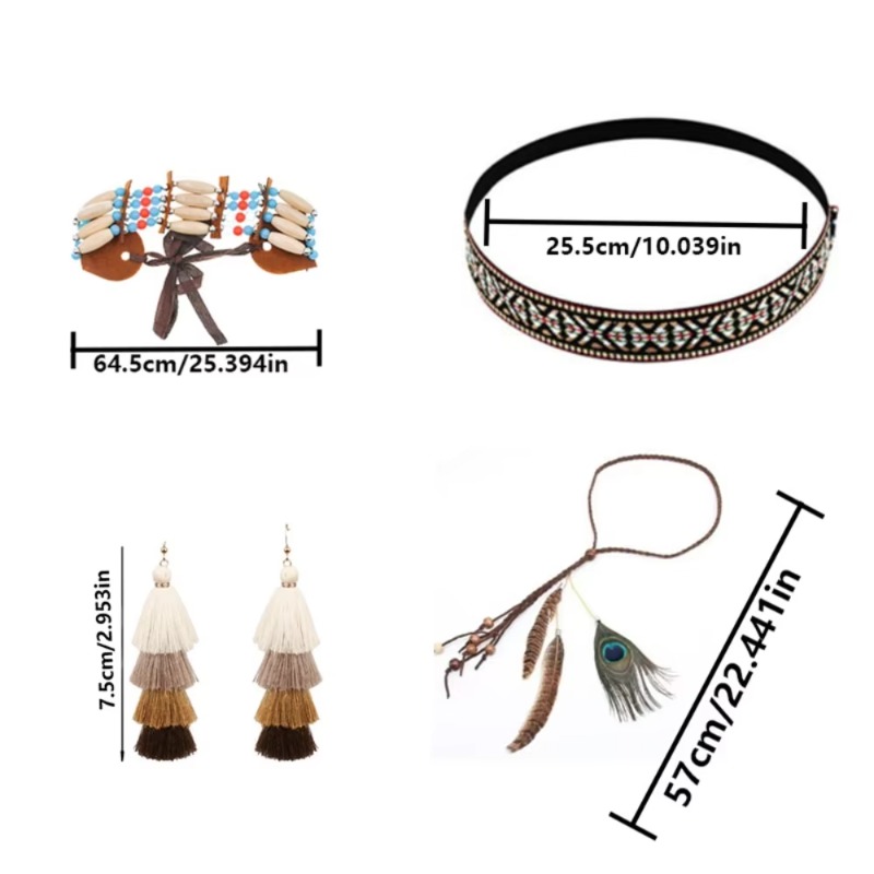 4 perfect Indian sets: headwear, tassel earrings and beaded necklaces, bracelets for stage performances and festival gifts