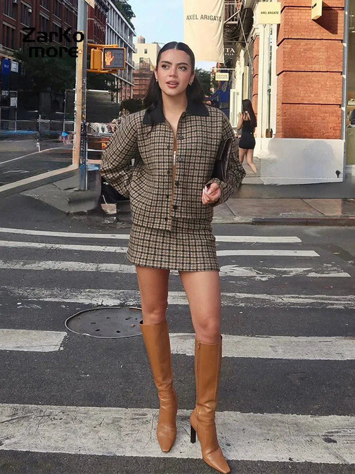 Fashion Contrast Plaid Jacket Skirt Set Women Lapel Single Breast Top Straight Mini Skirt Autumn Winter Lady Chic Suit 251029
