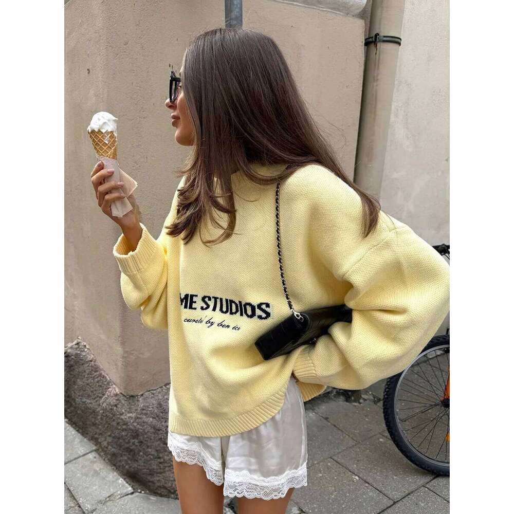Autumn Solid Letter Print Knitted Sweater Casual O-Neck Loose Thick Pullover Women Warm Knitwear Streetwear New