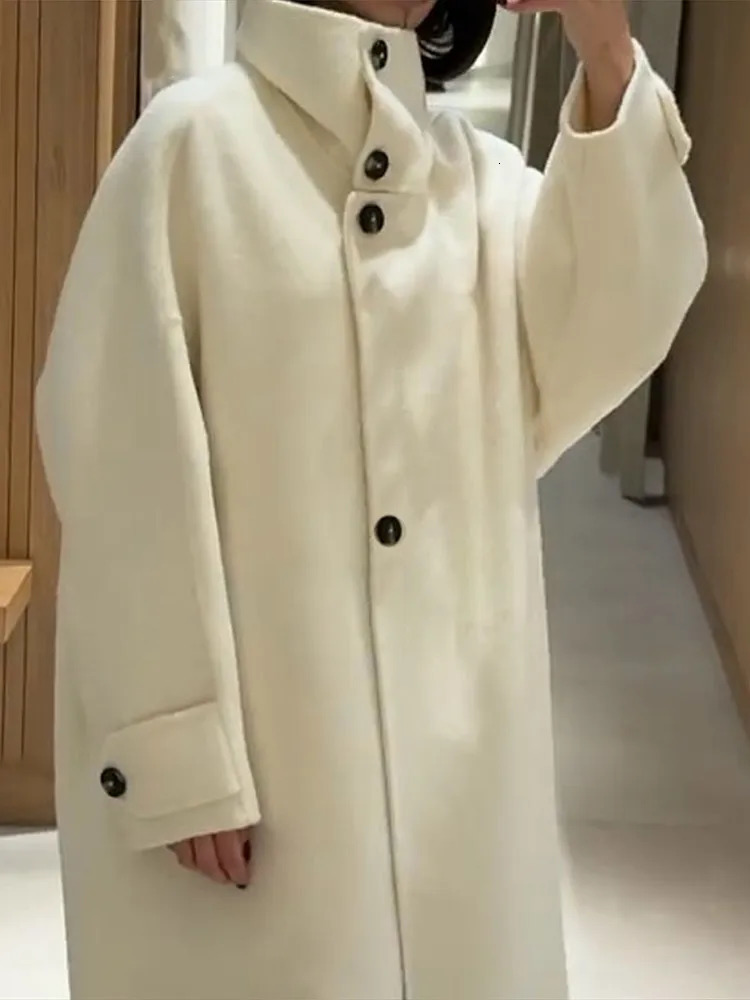 Elegant Womens Overcoat Stand Collar Single Breasted Full Sleeve Solid Female Long Coats Autumn Fashion Chic Lady Outwear 251028