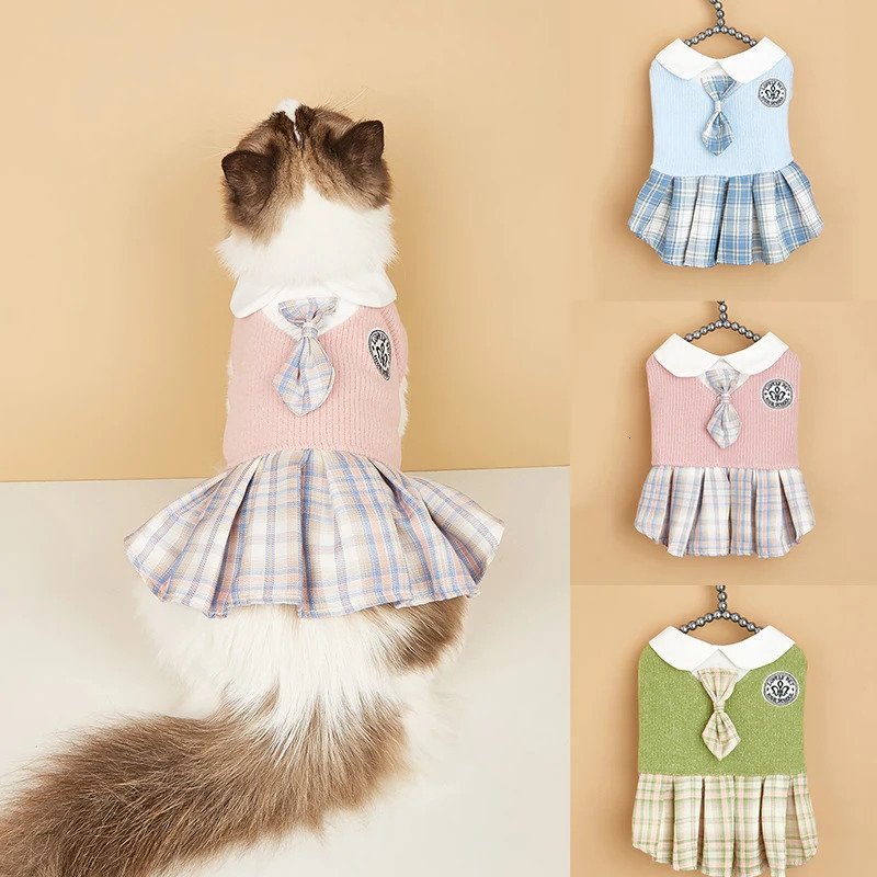 College Style Cute Pet Clothing Cats Dress for Small Dogs Cats Plaid Skirt Spring Clothes Cat Chihuahua Teddy Yorkshire Costume 251029