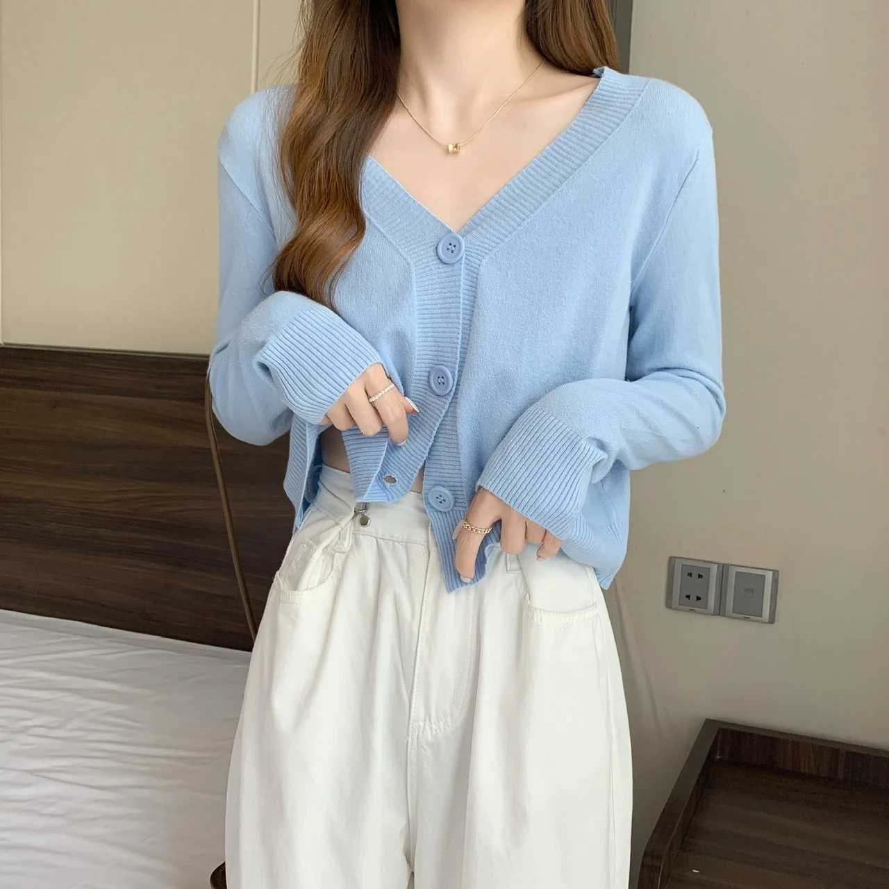Thin Summer Yellow Cardigan Knitted Shirt Womens High Stretch Long Sleeve Casual VNeck Sweater Tank Top ClothesT251028