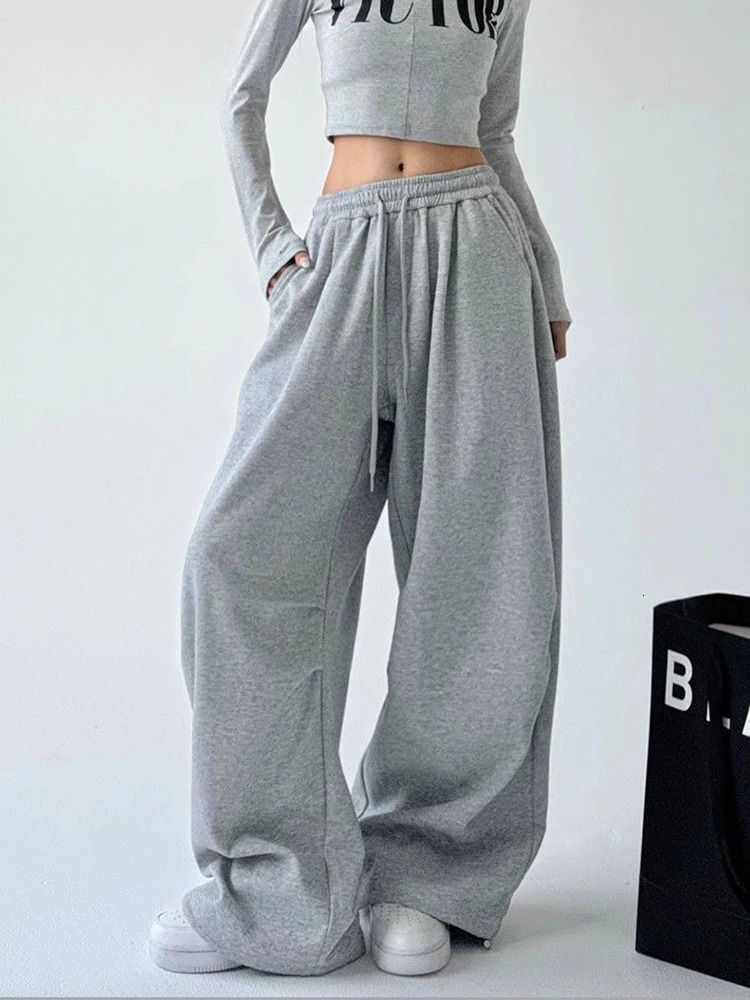 Y2K Loose Wide Leg Sweatpants Women Streetwear Baggy Oversize Gray Sports Pants Harajuku High Waist Drawstring Joggers Trousers 251029