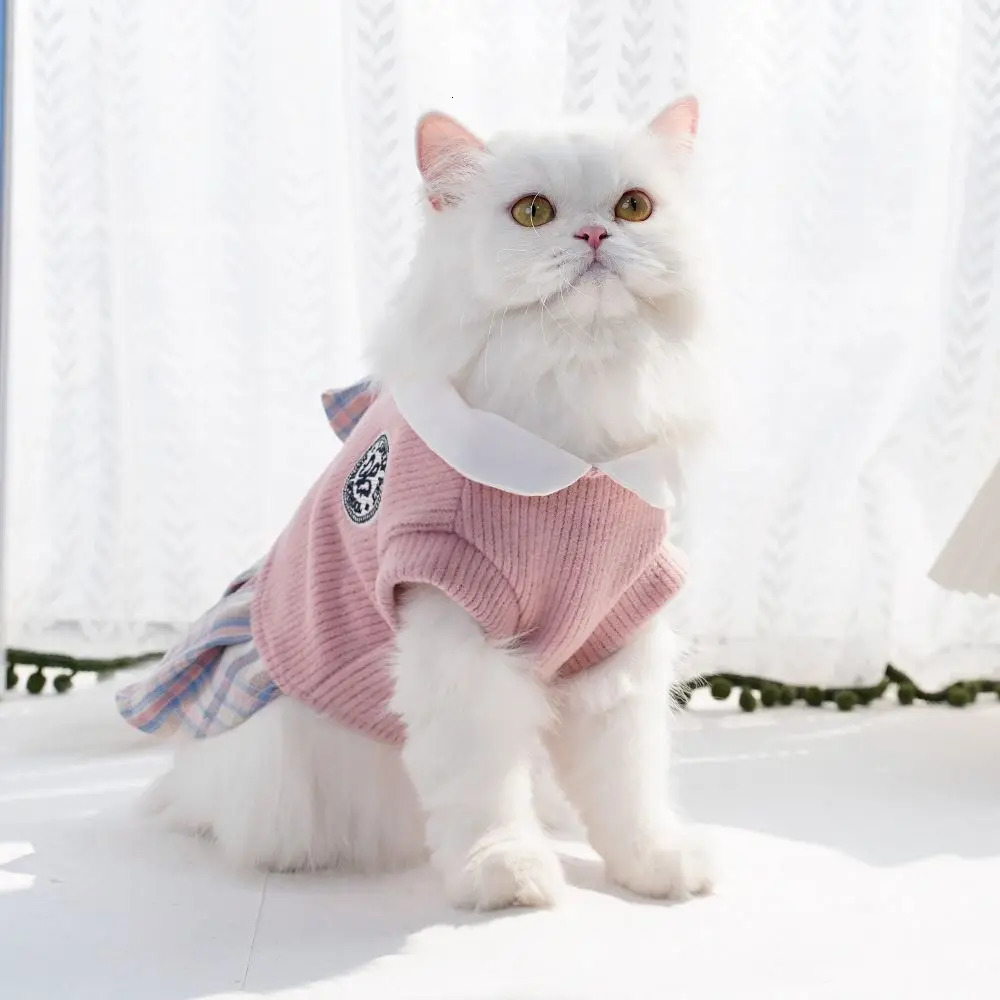 Kawaii Pet JK Plaid Skirt Knitted College Style Cat Clothes Small Medium Size Comfortable n Dog Dress AutumnWinter 251029