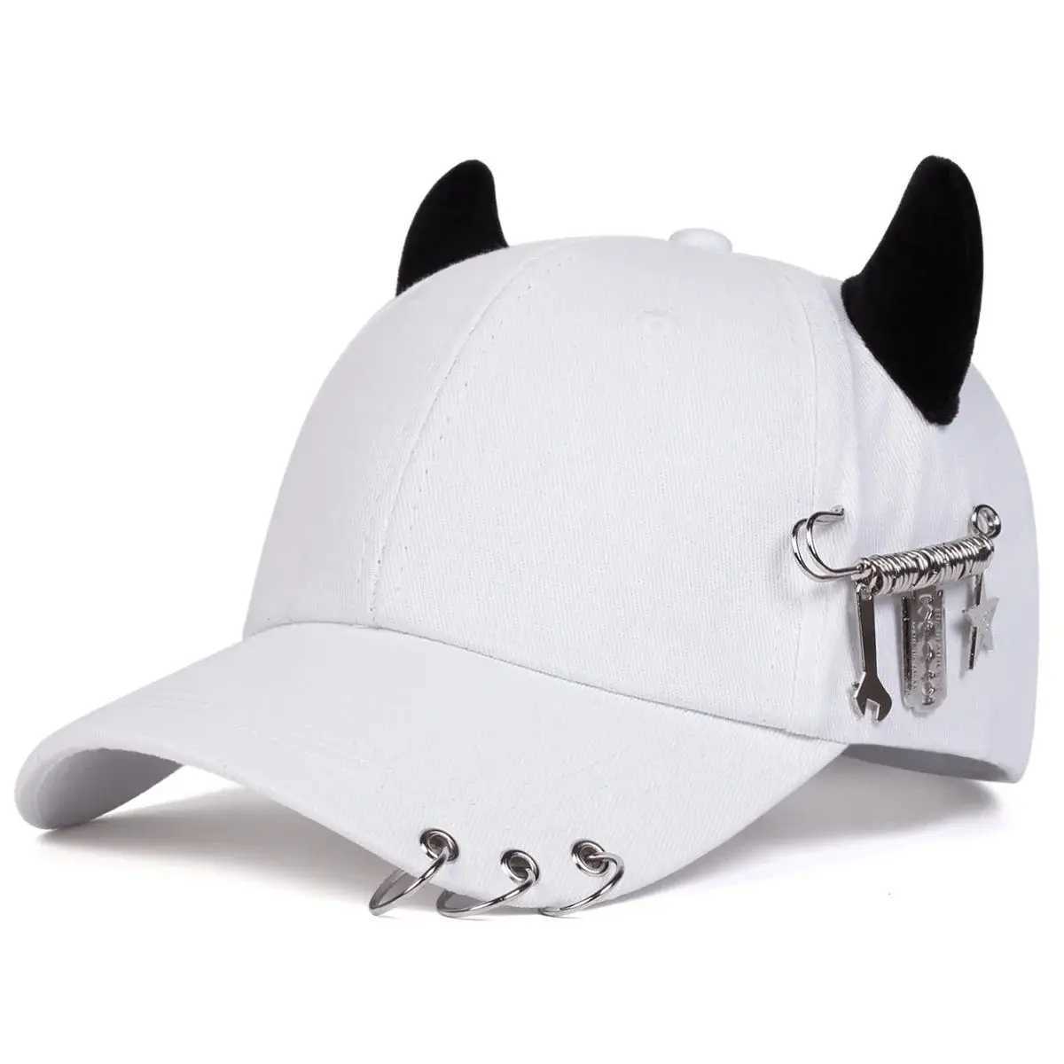 Personalized cow horn iron ring baseball cap versatile student curved brim duckbill cap for men and women street hiphopW251029
