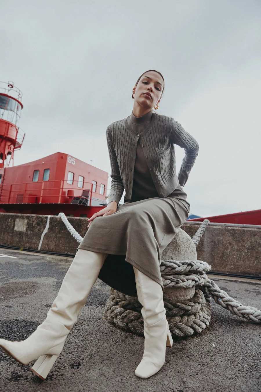 AS AW25 new design knitting cable cardigan ribbing mockneck dress maxi length match for lady wearT251028