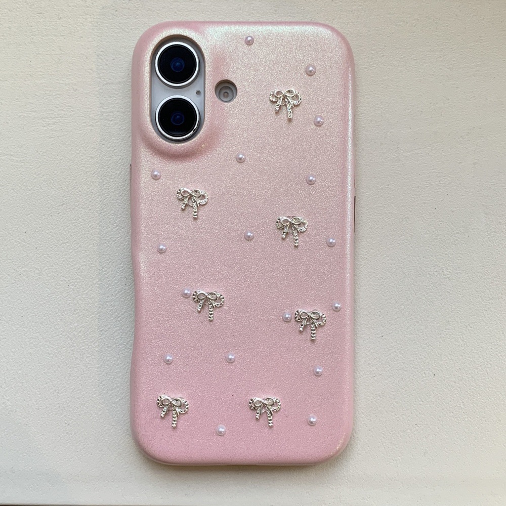 Pearl Heart Bowknot Phone Case Compatible with iPhone 17/16/15 Pro Simple Solid Color 14/13 Cartoon