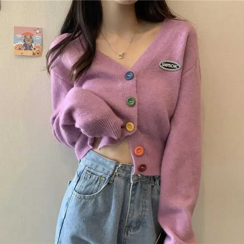 Cardigan for Women Long Sleeve Knitted Sweaters Sweater Cropped Crochet Kawaii V Neck Cardigans Woman Black Tops Cute 2025 TrendT251028