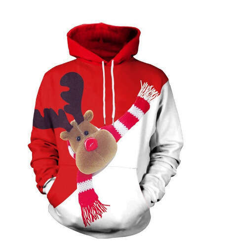 Mens Womens Christmas 3D Elf Father Christmas Print Hoodie Casual Long Slve Sweatshirt with Pockets