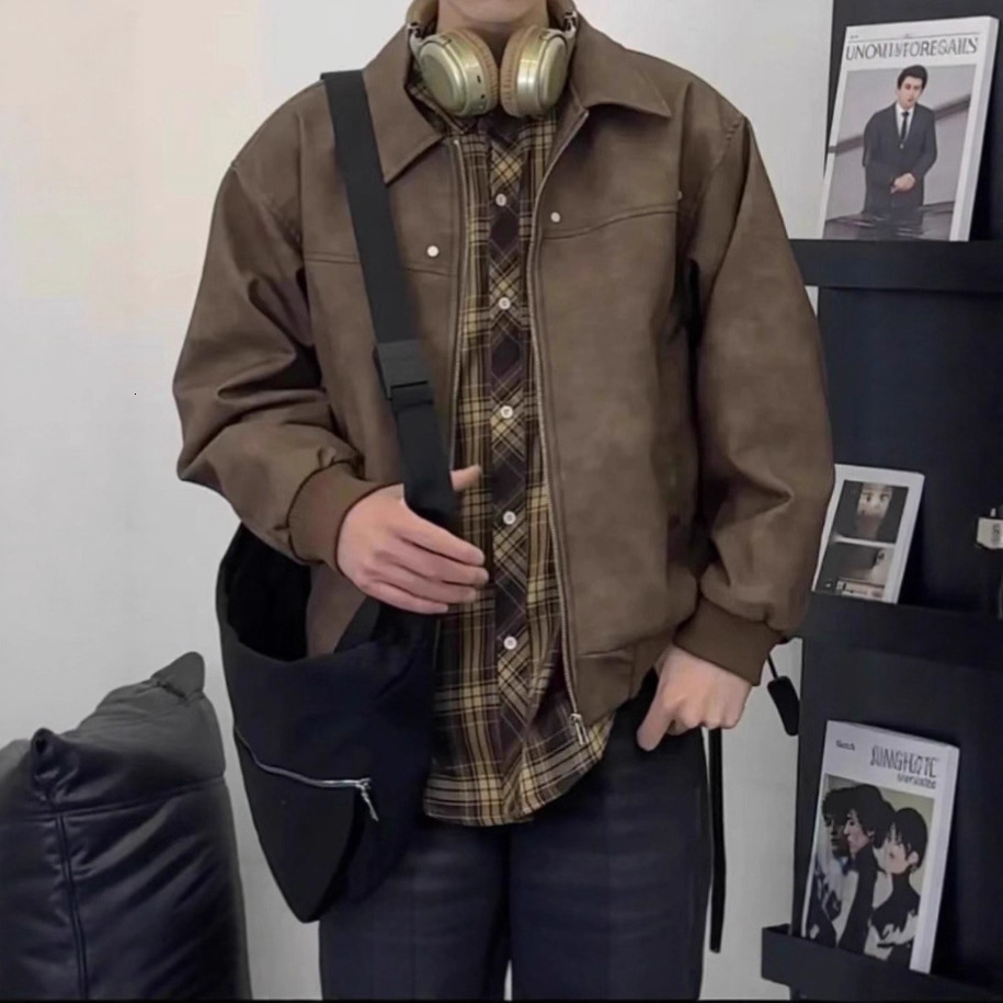 American Designer Jacket High Street Leather Jacket Men's Spring And Autumn New Style Handsome Streetwear Loose Turn-down Collar Solid Color PU L
