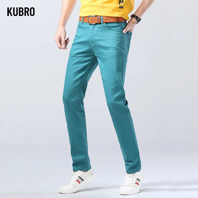 Autumn Mens Bright Stretch Fit Jeans Trendy Denim Straightleg Trousers Male Red Lake Blue Yellow Trousers 251029
