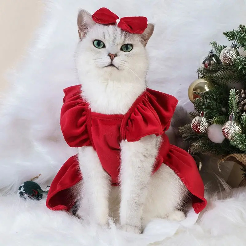 Pet Cat Dress Clothes Christmas Dog Dress Dog Slip Dress Coat Dress Red Skirt Costume Pet Cat Warm Dress Bow Skirt Pet Costume 251029