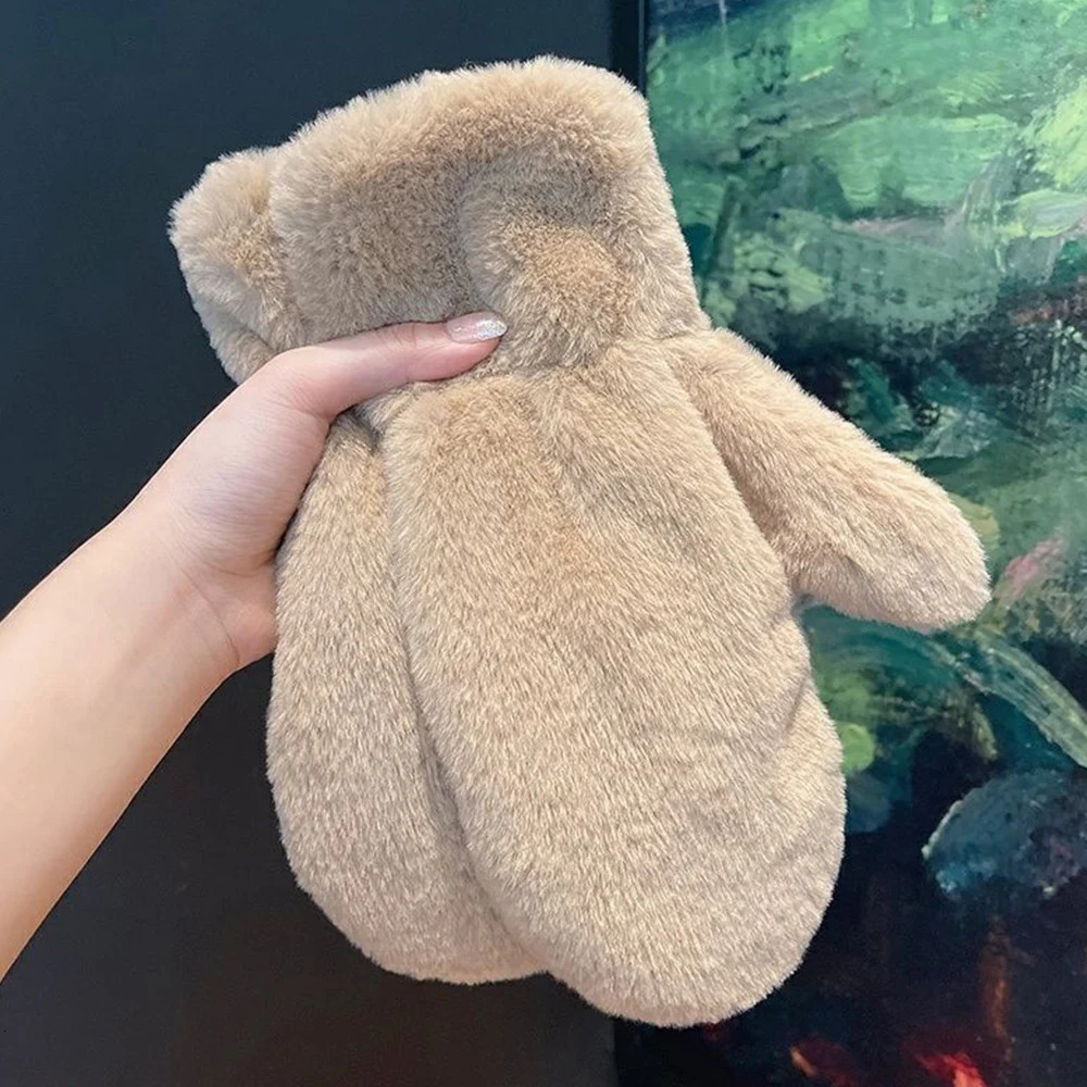 Thicken Plush Soft Winter Fingerless Gloves Women WarmFur Fuzzy Mittens Cold Protection Velvet lining Outdoor Fluffy Gloves 251029