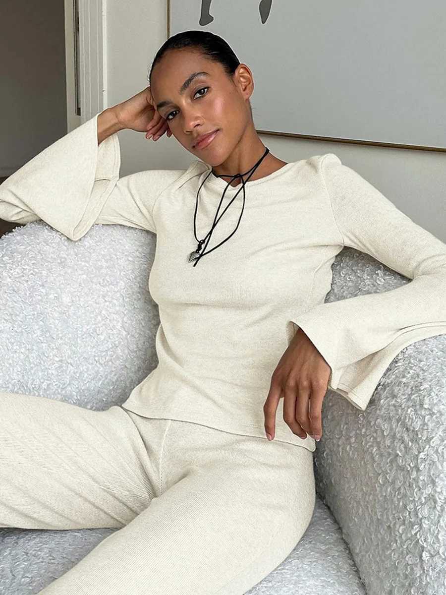 Blubelle Knitted Long Sleeved Pants Pajama Set Womens Spring New Oneckline Slim Fit Pajamas Soft Pants Home Clothes SetT251029