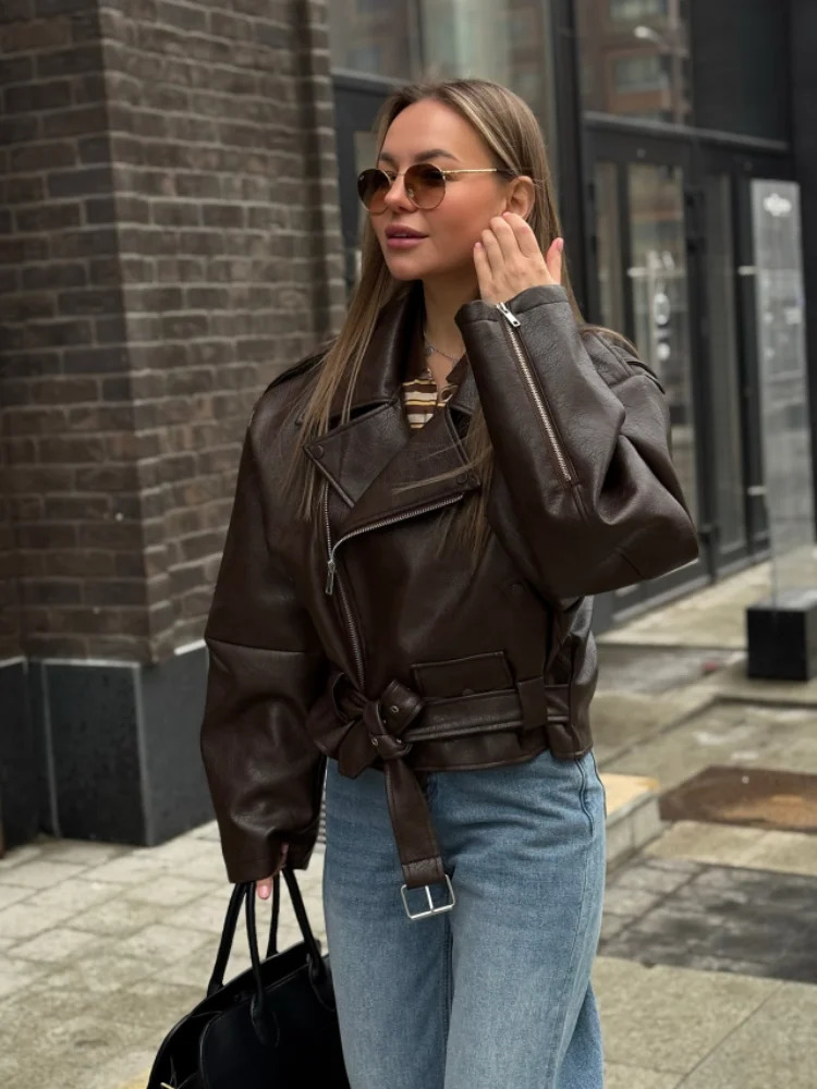 Vintage Pu Leather Womens Jackets Retro Loose Turndown Collar Full Sleeve Female Coat Spring High Street Ladies Outerwears 251029