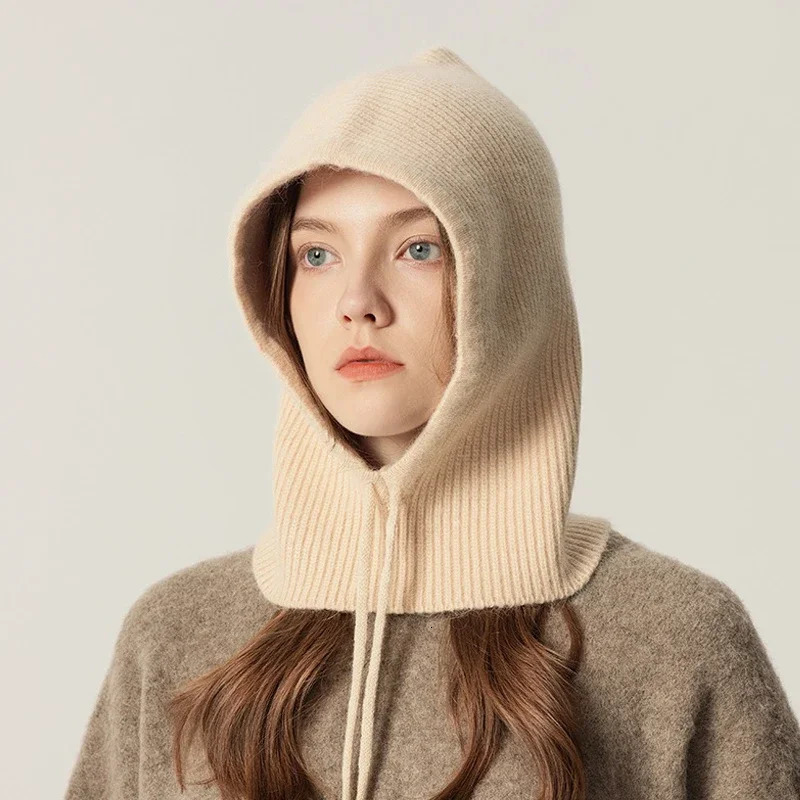 Rabbit Fur Knitted Scarf Hood Balaclava Women Cashmere Beanies Winter Unisex Warm Skiing Hat Outdoor Ear Protection Bonnet 251029