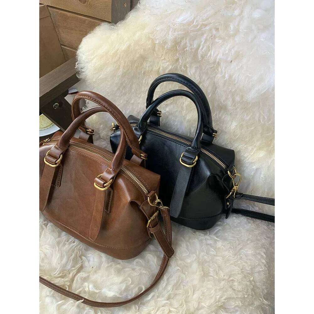 Retro Casual Women's Pillow Shoulder Bags Simple Portable Ladies Crossbody Bag Fashion PU Leather Female Bowling Purse Handbags