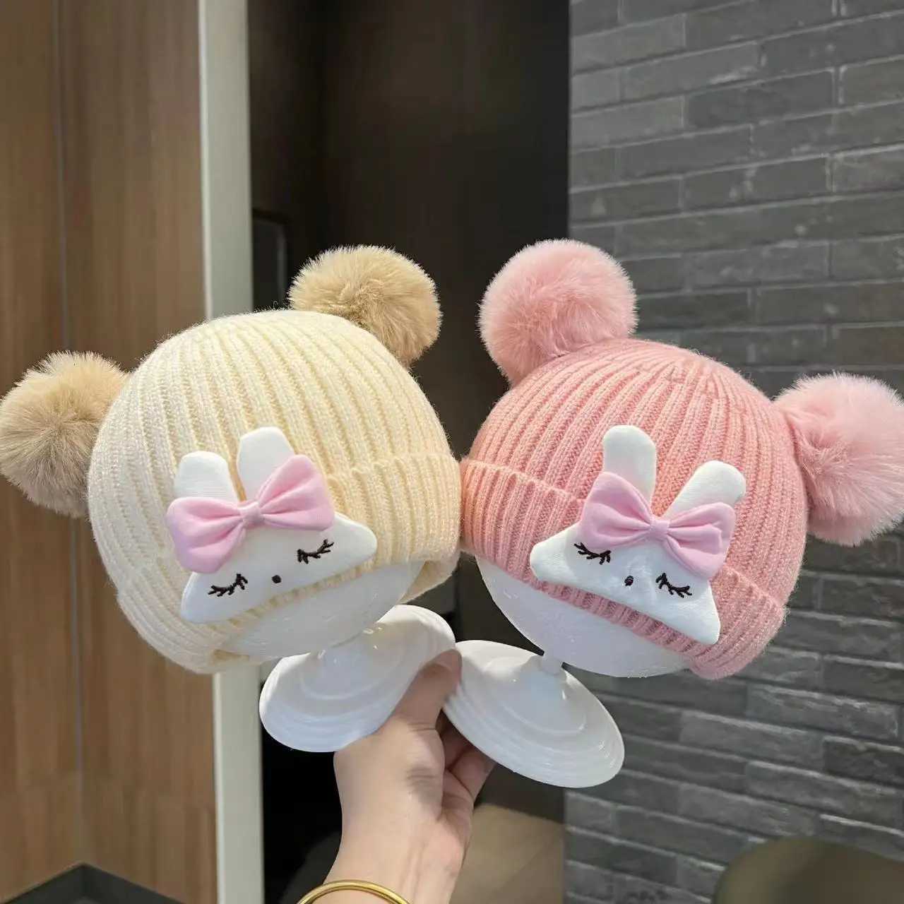 Pink Rabbit Baby Knit Hat Cute Pompom Infant Pullover Cap Princess Girls Winter Warm Plush Beanie 424Month Kids Crochet Bonnet251028