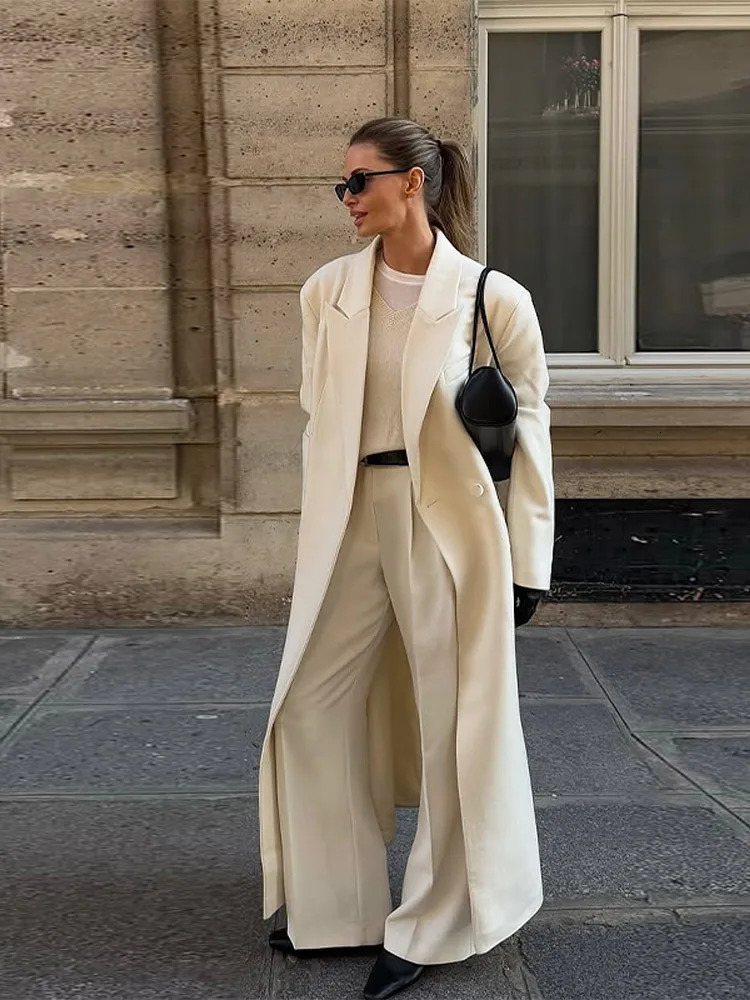 Office Womens Woolen Long Coat Turndown Collar Sleeve Single Button Midlength Outerwear Autumn Lady Overcoats 251028