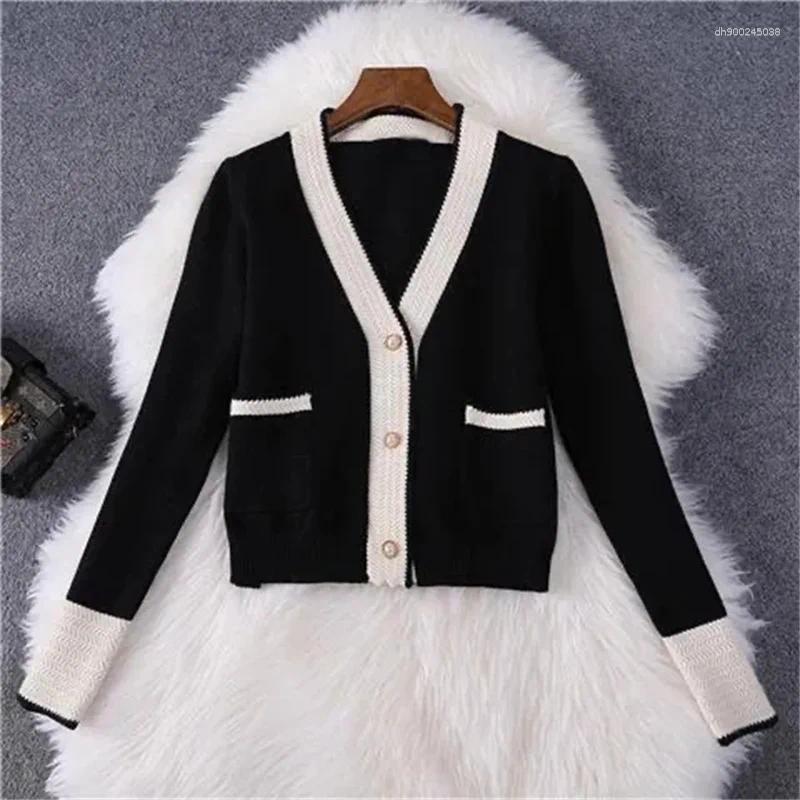 Women's Two Piece Pants Women Knitted Cardigan 2PCS Korean Female Solid Color Two-piece Set Spring Autumn Lady Fashion Leisure Wide Leg