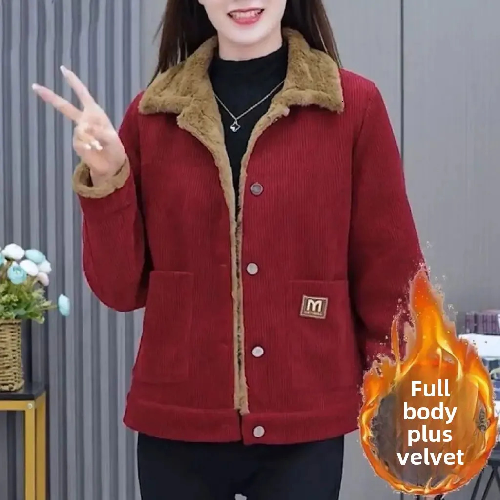 Plus Size Autumn Winter Thickened Corduroy Womens Short Coat Warm Fashion Slimming Loose Long Sleeve Jacket Stylish AntiAging 251029