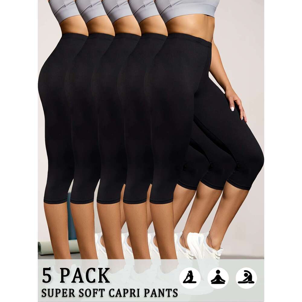 5pcs Women'S Super Soft Capri Pants, Solid Color High Stretch Athletic Leggings for Workout, Running, Yoga - Breathable & Comfortable Spring/Summ