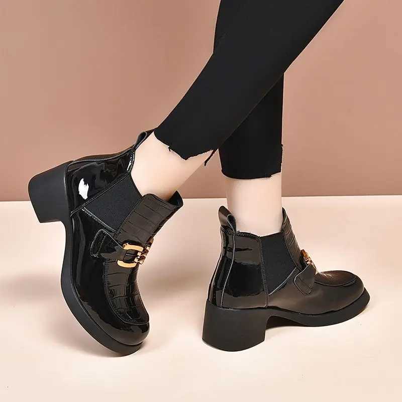 FHANCHU 2023 New Chelsea Ankle BootsHigh Heeled BotasRound Toe Patent Leather AutumnWinter ShoesSize 3540BlackDropship Z251029