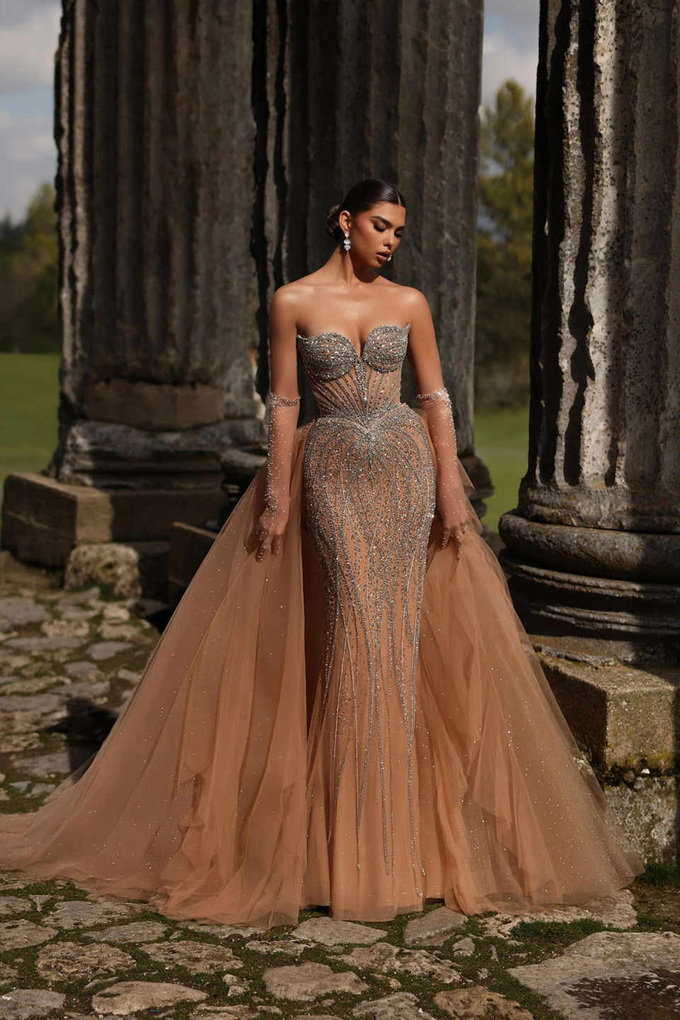 Luxury Mermaid Evening Dress Sleeveless for Women Detachable Skirt Beaded Crystal Formal Prom Wedding Party Gown Customized