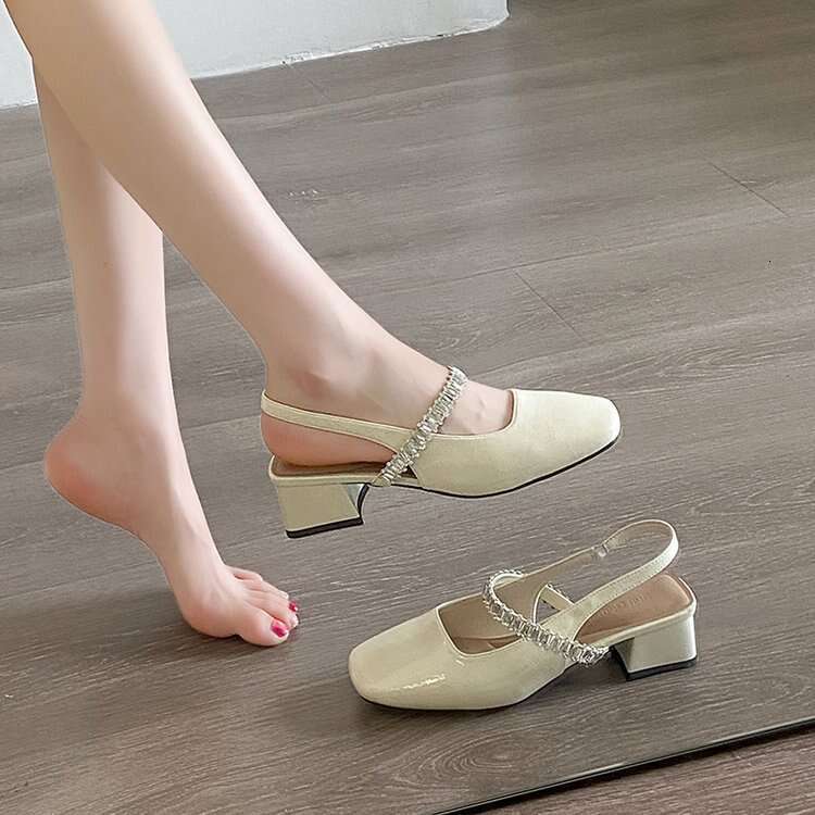 Women's 2025 New French Style Designer Shoe Flat Low Heel Closed Sandals Rhinestone Strap Soft Insole Shallow Mouth Square Toe Breathable Single 