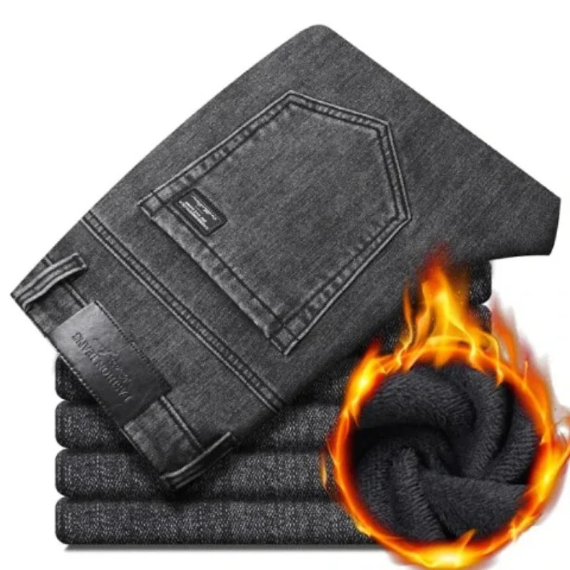 Winter Warm Jeans Mens Slim Straight Elastic Denim Pants Casual Male Clothing Fashion Plush Trousers Fashion Jeans 251029