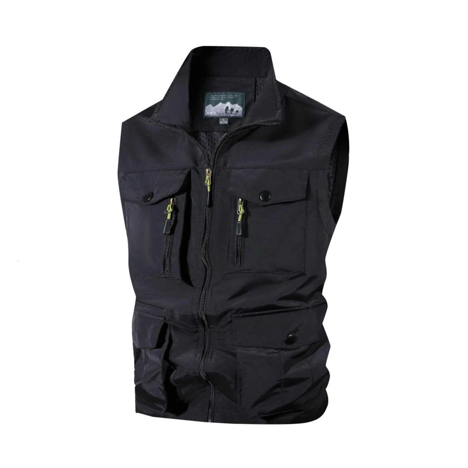 Spring And Autumn MenS Outdoor Multi Pocket Solid Color Zipper Lapel Vest Suitable For Casual Daily Wear W251029