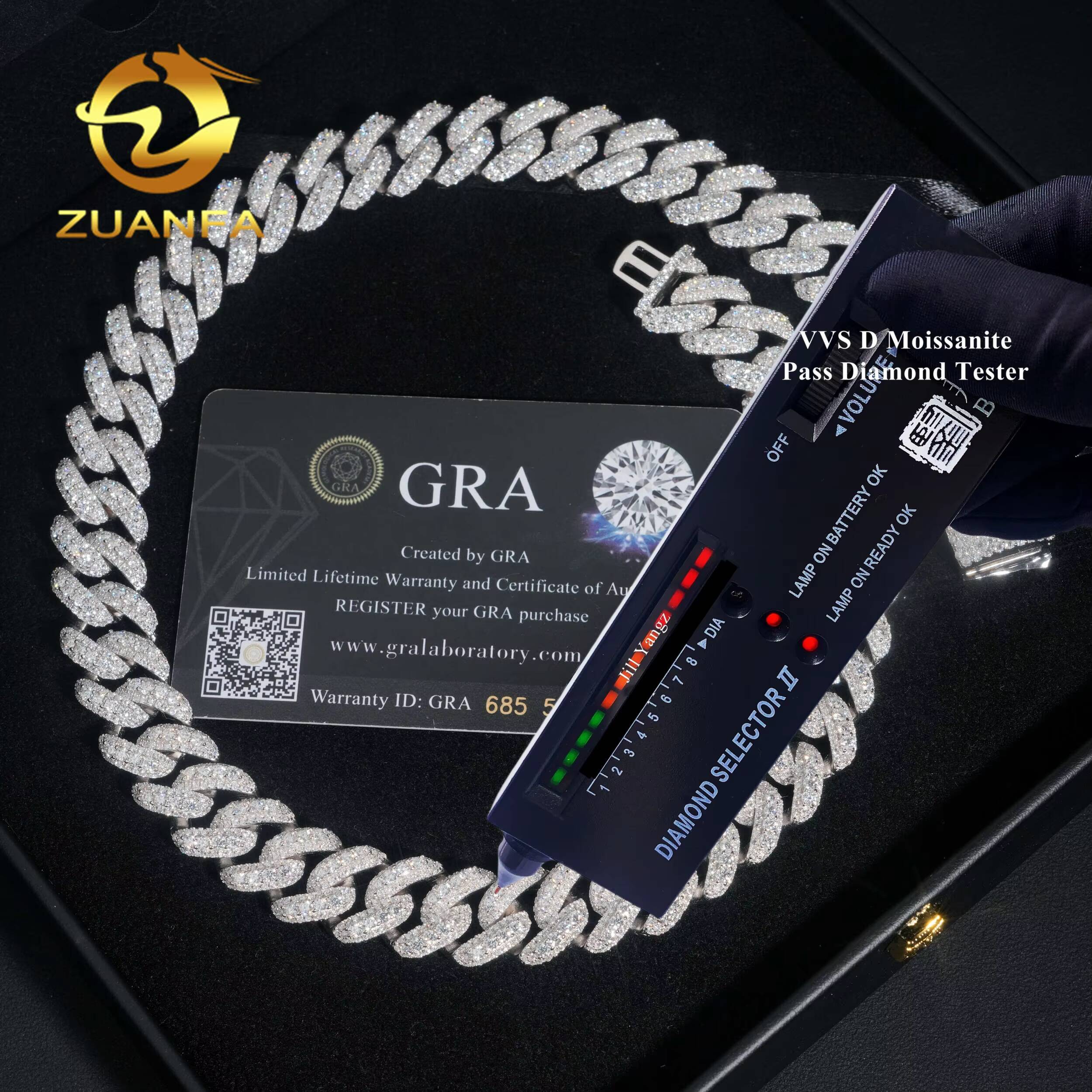 Direct Sale PROMOTION 15mm Cuban Links Moissanite Chain Moon Shape 3 Row Pass Diamond Tester