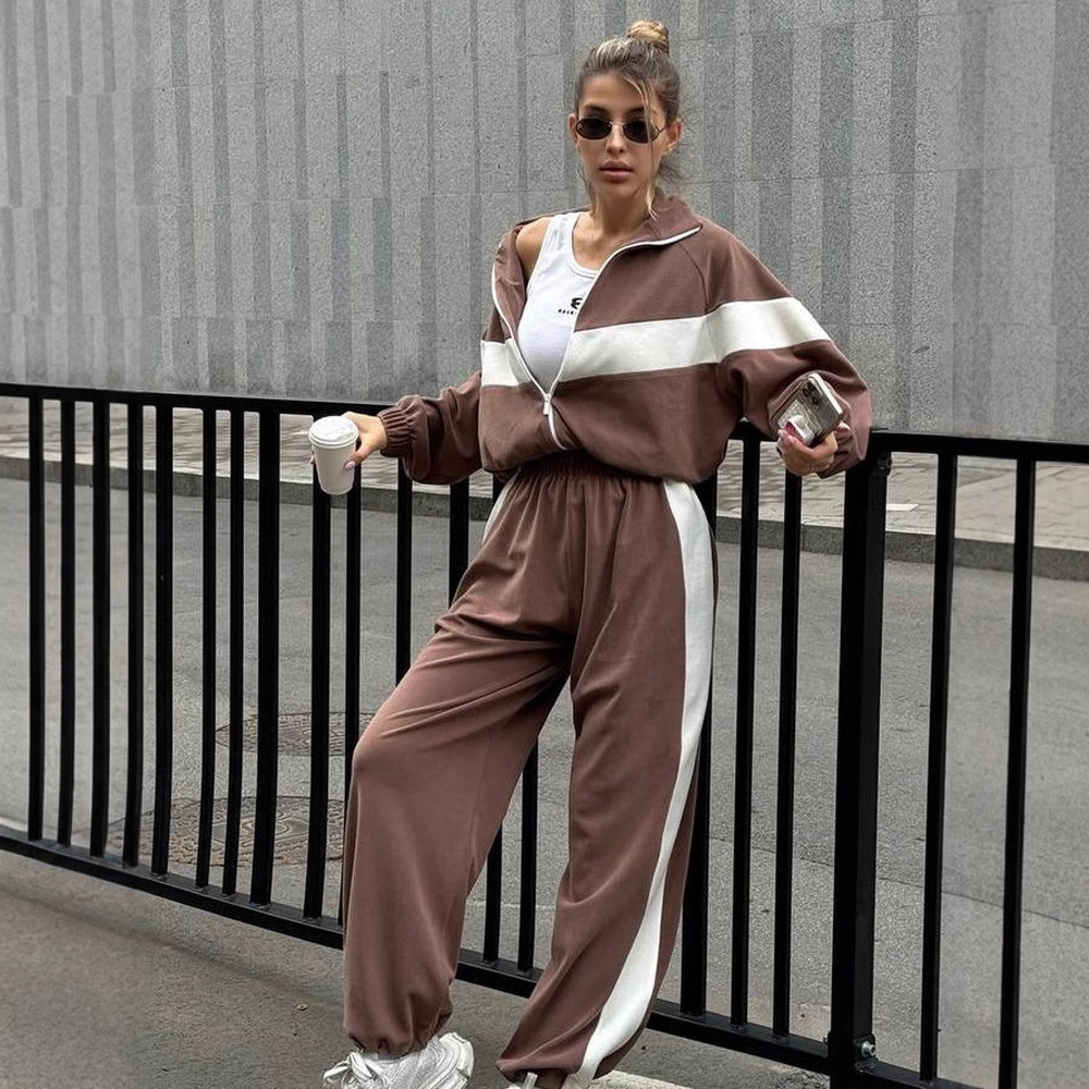 New Fashion European and American Designer Style Casual Sports Set Zipper Open Collar Woolen Sweater Pants Women's Two Piece Set