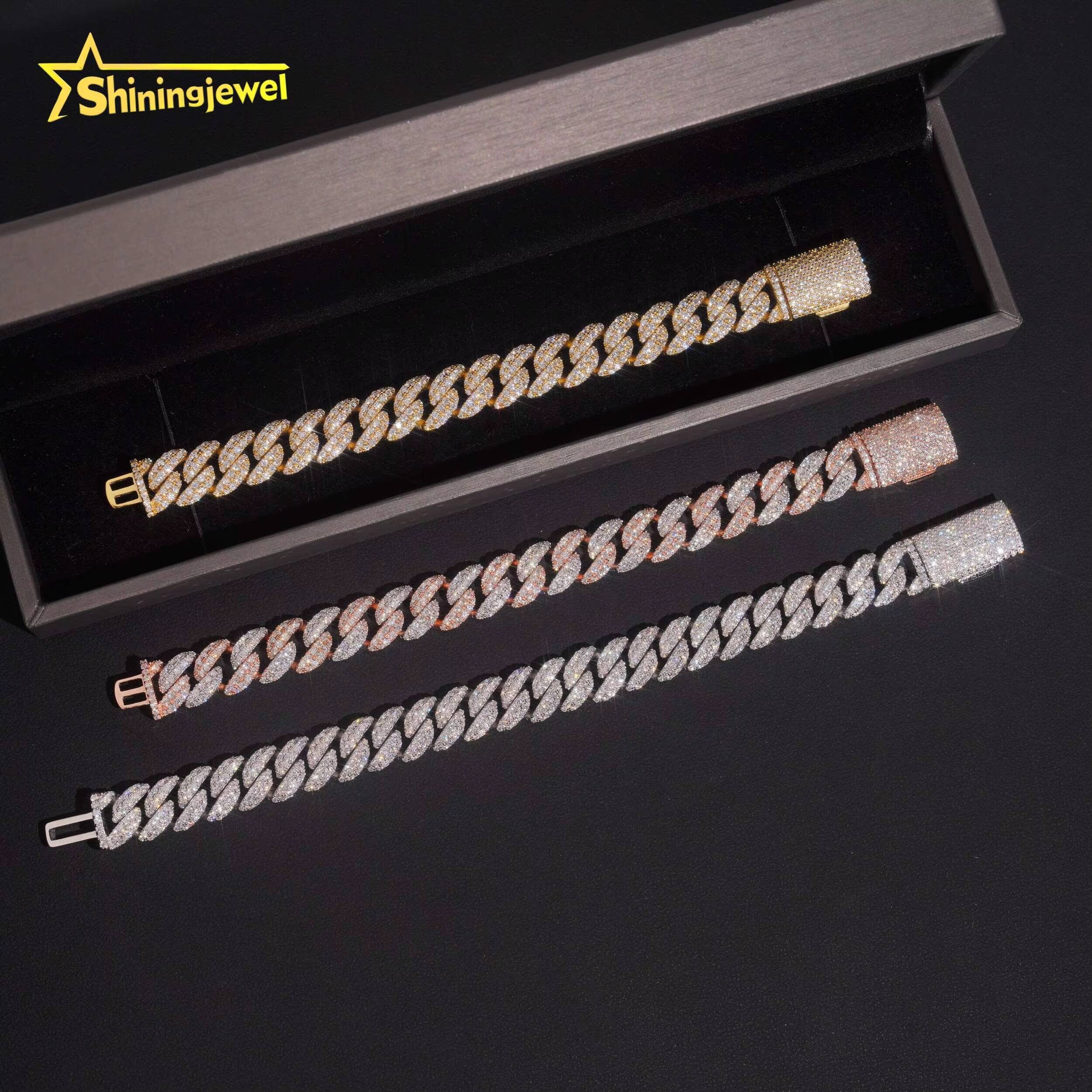 Promotion Sale RTS Hip Hop Jewelry 12mm Solid 925 Sterling Silver Men Bracelet Iced Out VVS Moissanite Chain Cuban Link Bracelet