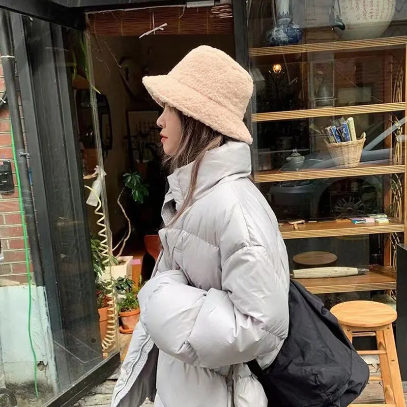 Unisex Harajuku Bucket Hat Solid Men Fishing Fisherman Hat Autumn Winter Lamb Wool Outdoor Warm Panama Cap For Women i251029
